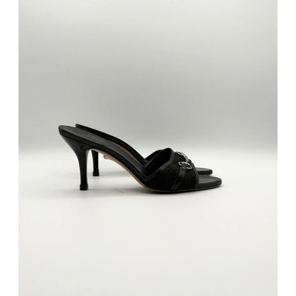 Gucci Black Leather Mules Canvas GG Logo Silver Horsebit Heels Y2K Size EU 35.5